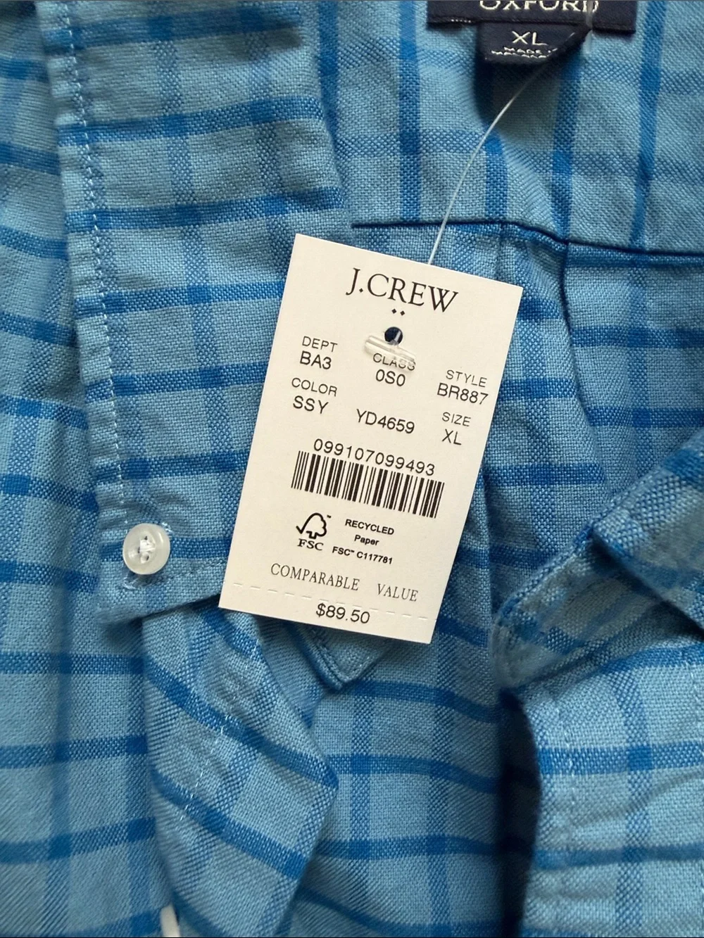 J. Crew Men’s Blue Windowpane Button-Down Slim Fit Shirt - Size XL